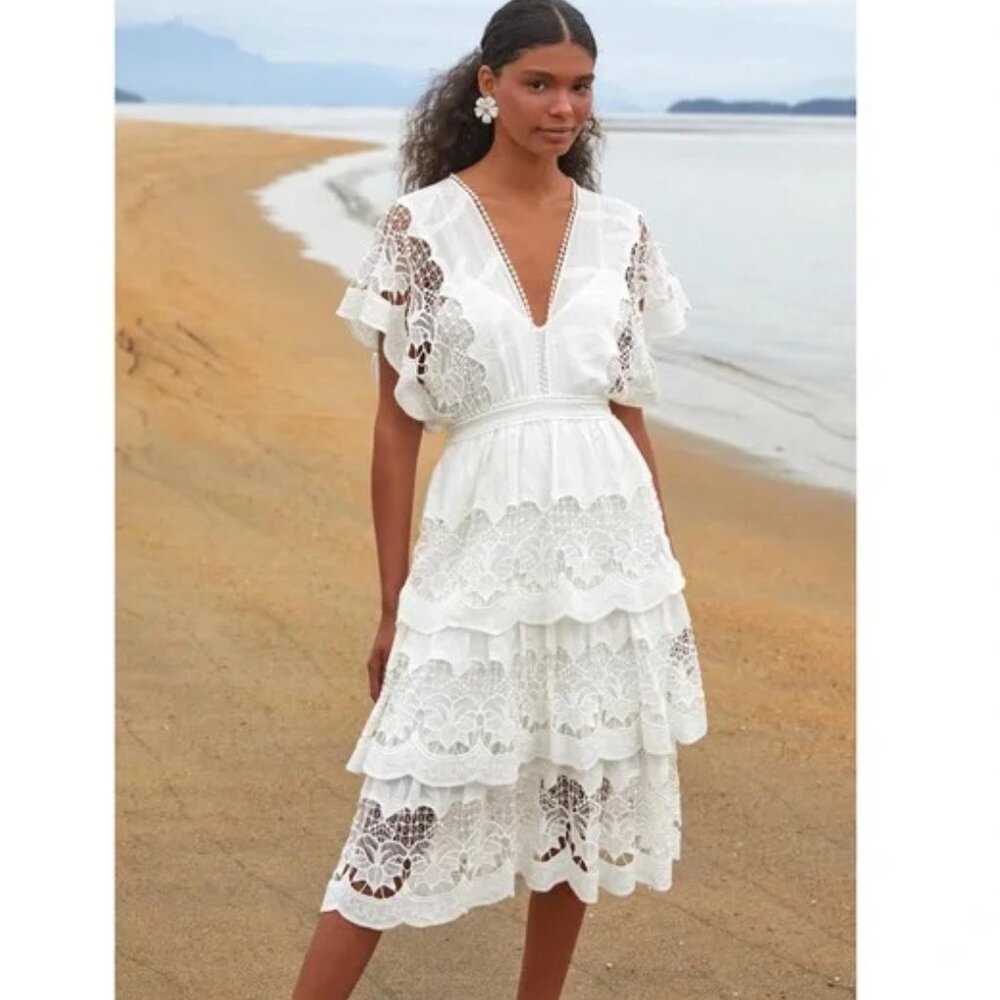 NWT Farm Rio White Richelier Tiered Midi Dress XS